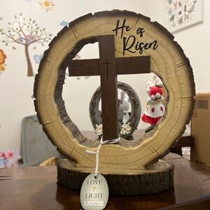 He is Risen Cross Wood Slice Decor